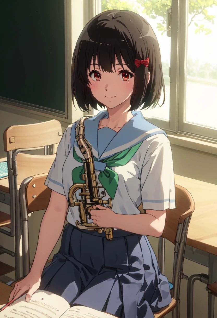 best quality, masterpiece, highres, solo, (hisaishi_kanade_soundeuphonium:1.10), 1girl, blue sailor collar, blue skirt, blush, chair, classroom, closed mouth, indoors, kitauji high school uniform, serafuku, sitting, white shirt, desk, holding instrument, pleated skirt, short sleeves, brown eyes, green neckerchief, chalkboard, looking at viewer, solo focus, smile, anime_style, 2 <lora:hisaishi_kanade_soundeuphonium:0.80>