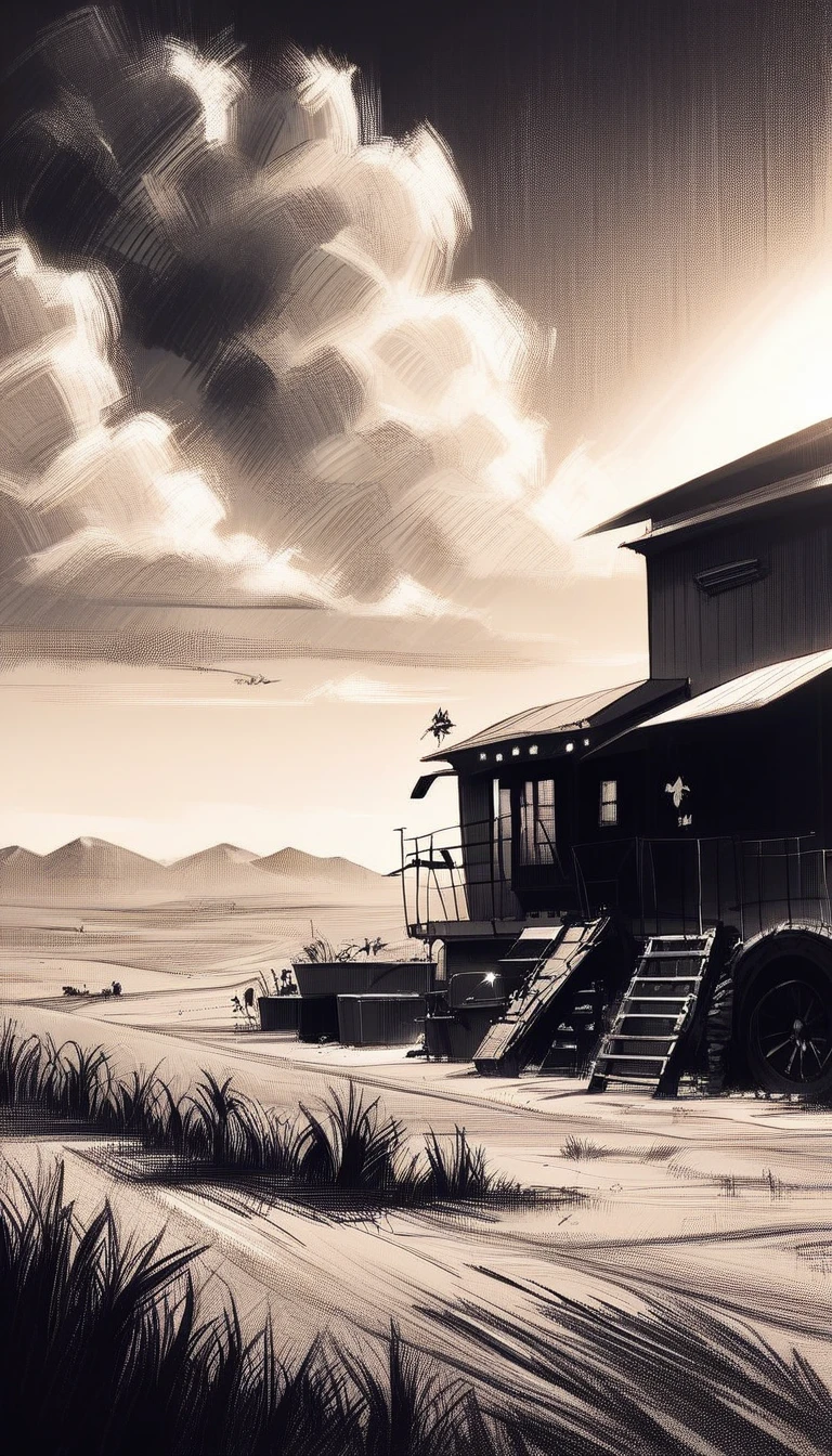 score_9, score_8_up, score_7_up, score_6_up, <lora:CharcoalDarkStylePony:1> CharcoalDarkStyle a solar-powered farm sprouting technology amidst the arid desert, source_anime, dark, sketch, drawn with charcoal, monochrome, black and white, (Masterpiece:1.3) (best quality:1.2) (high quality:1.1)