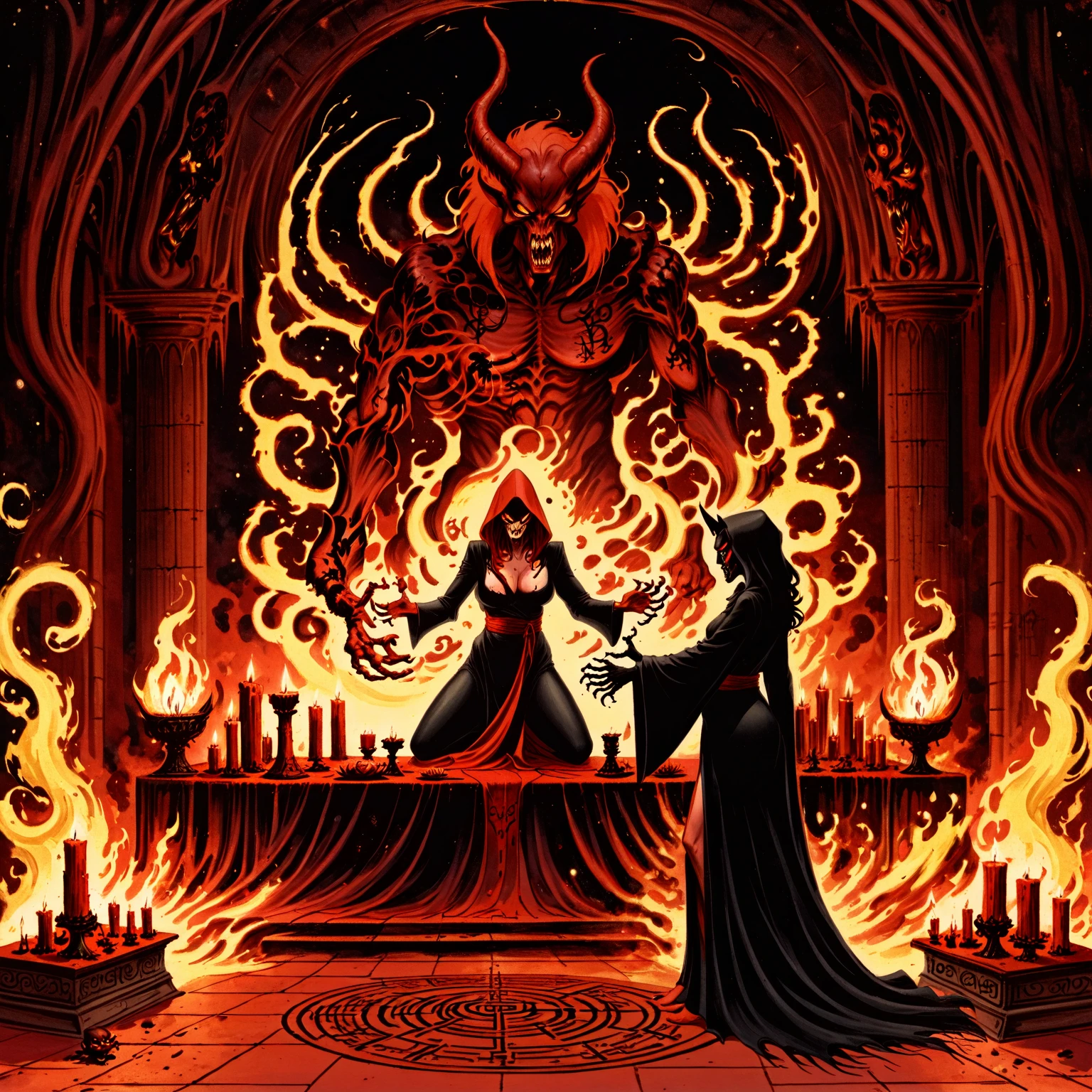 a woman in a black robe summoning a demon at an altar, requiemcom, many others, fire, black magic, evil, demon, monster,