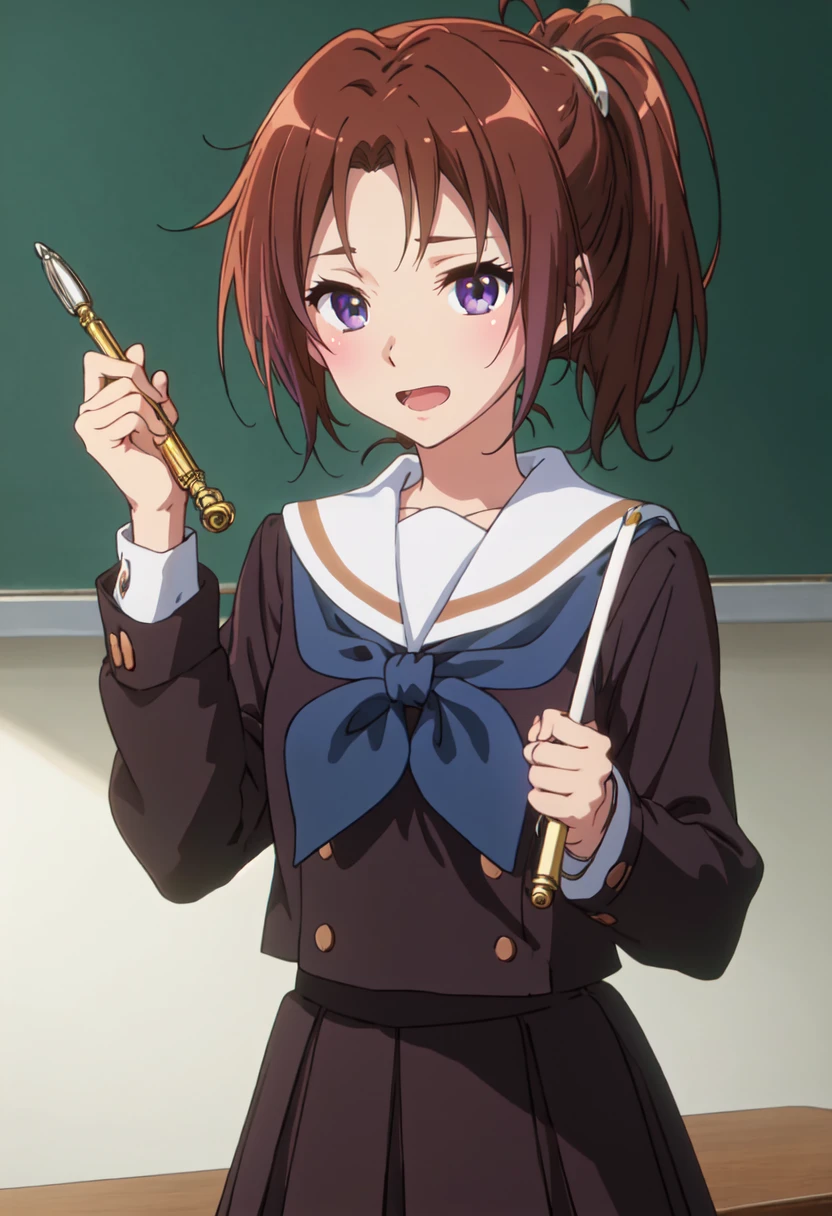 best quality, masterpiece, highres, solo, (nakagawa_natsuki_soundeuphonium:1.10), blue neckerchief, kitauji high school uniform, serafuku, white sailor collar, 1girl, brown shirt, blush, brown skirt, chalkboard, long sleeves, pleated skirt, looking at viewer, indoors, open mouth, anime_style, 10 <lora:nakagawa_natsuki_soundeuphonium:0.80>