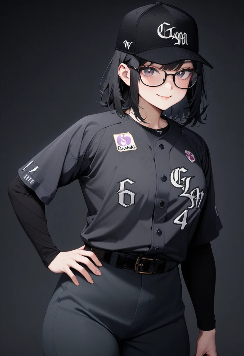 masterpiece, best quality, very aesthetic, absurdres,
1girl, solo,  glasses, black hair, medium hair, smile, looking at viewer, 
clm, baseball uniform,  facial hair, baseball cap, belt, looking at viewer, pants, black background, black shirt, shirt, closed mouth, black belt, black hair, simple background, cowboy shot, long sleeves
 <lora:ChibaLotteMarinesNCE20024_SDXL_V1:0.8>