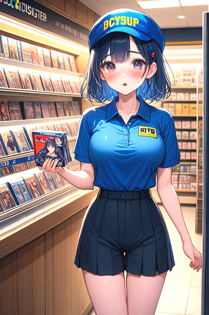 blockbuster, 2girls, score_9, score_8_up, score_7_up, score_6_up, score_5_up,  score_4_up, solo, 1girl in short dress, holding a video rental store portrait cover goods, blue cap, blue polo shirt, pants, look at each other, indoor, counter, storefront, glass door, parted lips, different colors hair, big tits, ribbon, sweat, shy, blush, slim figure, <lora:girllikeblockbuster_pony:0.9>