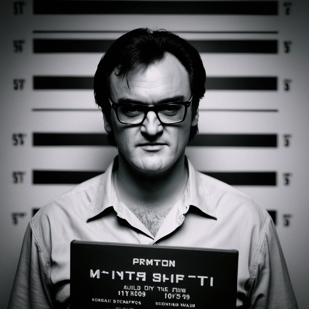 cinematic film still of  <lora:Mugshots style:0.8> (((mugshot  wall)))
A Mugshot photo of quentin tarantino a man in glasses is holding a laptop behind a mugshot wall,solo,looking at viewer,shirt,black hair,1boy,monochrome,upper body,male focus,glasses,english text,facial hair,beard,fake screenshot ,  mugshot style, shallow depth of field, vignette, highly detailed, high budget, bokeh, cinemascope, moody, epic, gorgeous, film grain, grainy