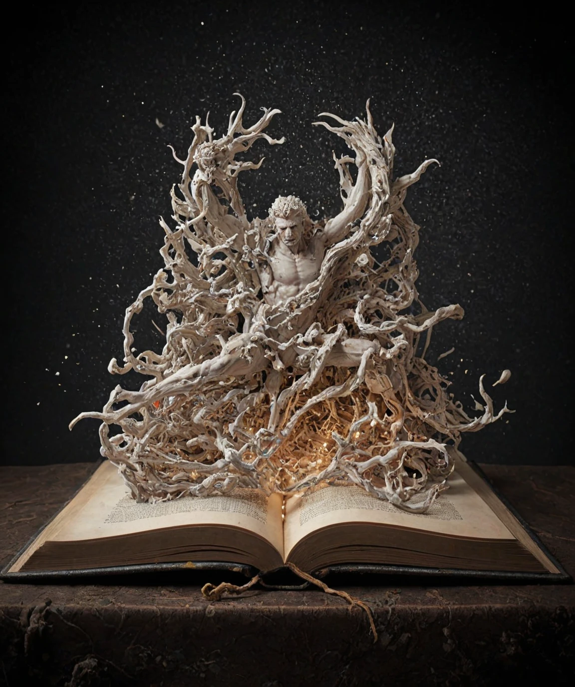 masterpiece, best quality, 3d statue by daturahex, Ultra realistic, RTX, ray tracing, amazing quality, world coming out of an open book, light particles flying around, detailed_fantasy_background, hyperdetailed; by Kim Keever Antoine Collignon Wadim Kashin Tim Burton Peter Mohrbacher, <lora:DaturaHex-000008:0.8>