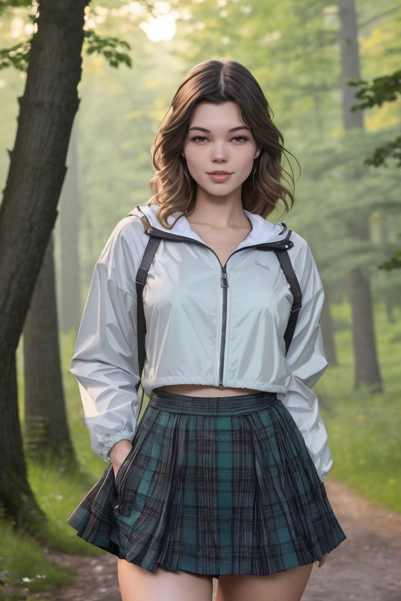 photo of S381_StefaniaBeatty,a stylish woman,in a (misty-forest:1.1),wearing a (windbreaker:1.1),(skirt),(sunset),(4k, RAW photo, best quality, 35mm, depth of field, ultra high res:1.1),(intricate, photorealistic, cinematic-shot, masterpiece, ultra-detailed:1.1),