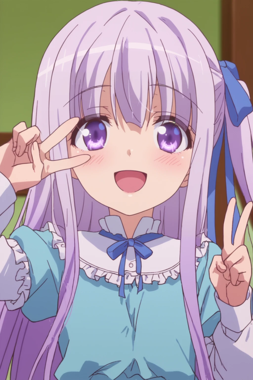 rating_safe, score_8_up, score_7_up, score_6_up, uncensored, anime screencap, flat shadows, flat colors, gotou jun, upper body, perspective, happy, v-hand