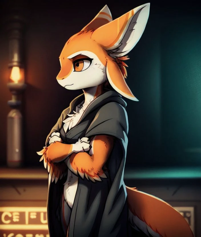 portrait of a female avali engineer in a white laboratory cloak and holding chemical flask, orange feathers with white countershading, orange fur, feathered arms, tail tuft, hands, claws, talons, three fingers on arms, flat chest. shallow depth of field, vignette, highly detailed, high budget Hollywood , bokeh, cinemascope, moody, epic, gorgeous, film grain, grainy <lora:ZAvali_Lora:1> <lora:fluffyrock-quality-tags-v4.rc11.5:1> <lora:easynegative:1> <lora:art_by_dagasi:1>