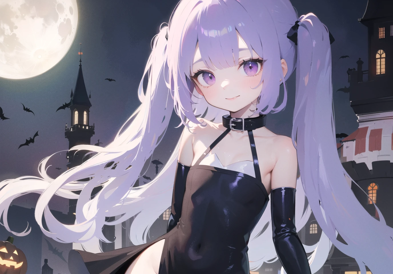 (halloween color theme, cowboy shot), 2 demon girl, wings grown from waist, dark dress, light smile,
dark red eyes, twin tail, blunt bangs, dark purple hair, revealing clothes, crop top, collar,
(sense of scale and depth, middle age cities, castle, tower, spooky, bats), (large full moon), round frame background, circle frame background, best illuminate, weightlessness, zero gravity ,giant scales,
<lora:fitgirl_4:-0.5:lbw=INALL>