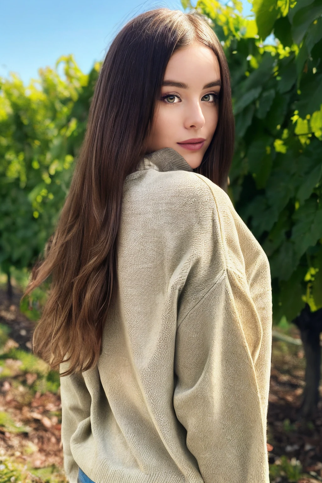 <lora:Malinkaa_Asmr_Lora:0.85>, full color close up portrait photo of a malinkaa wearing a sweater, ((hands behind back)), by Imogen Cunningham, natural lighting, In a serene, picturesque vineyard at sunset, ((metart)), epiCRealism, epiCPhoto