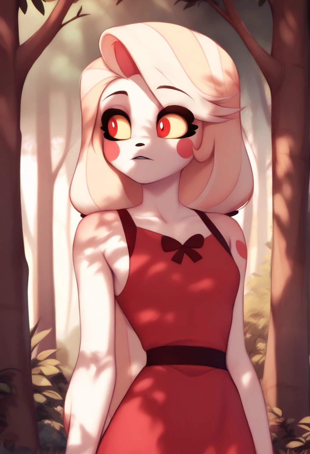 <lora:hazbin_hotel_ponyxl_v1:1>, charlie, red eyes, solo, red dress, outdoors, tree shade, dappled sunlight, forest, day
BREAK
score_9, score_8_up, score_7_up, score_6_up, <lora:PersonalAmi_PonyXL_resize:1>