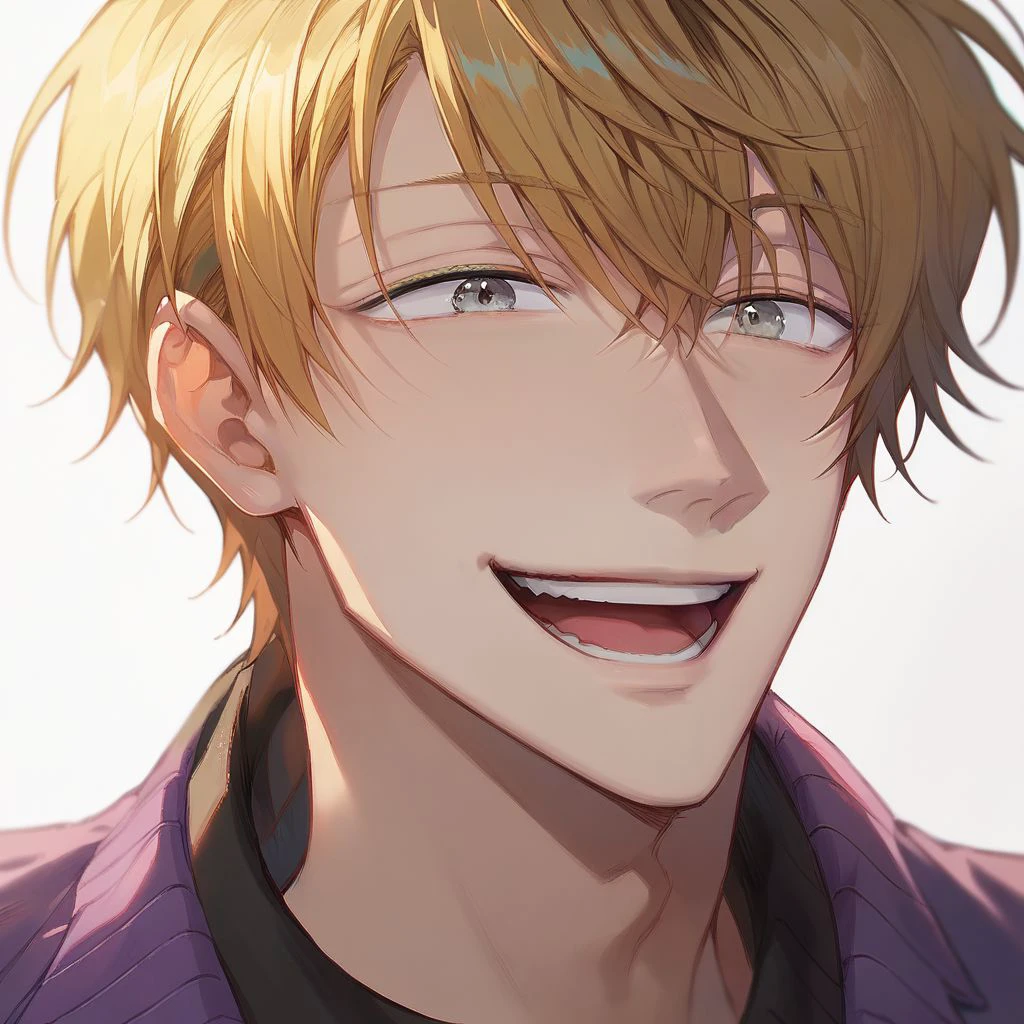 (score_9, score_8_up:1.1), score_7_up, 1boy, tokimichi usahara, 1boy, solo, blonde hair, black hair, grey eyes, purple jacket, black shirt, close up, happy, nori