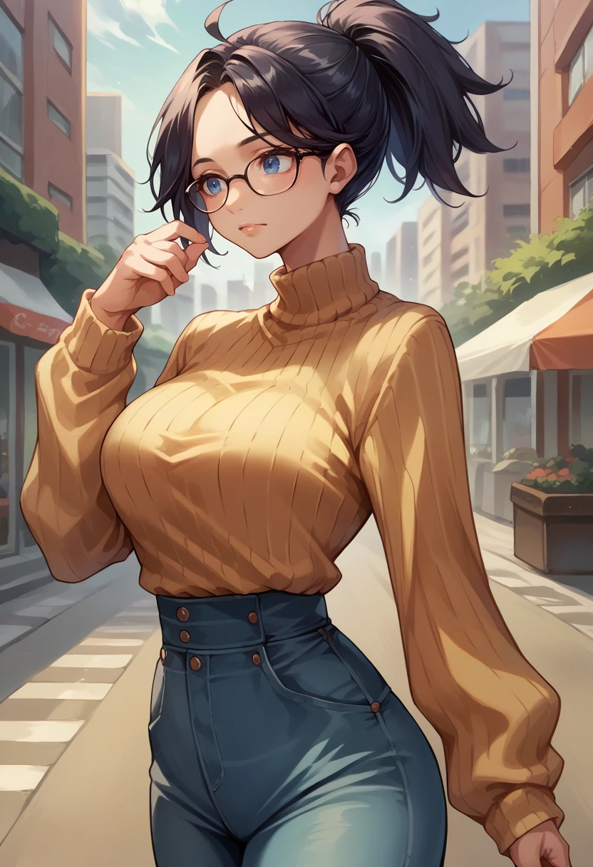 score_9, score_8_up, score_7_up, source_anime, Kson, black hair, blue eyes, ponytail, glasses, sweater, ribbed sweater, long sleeves, high-waist pants, outdoors, city, <lora:ChamKsonPonyXL:1>