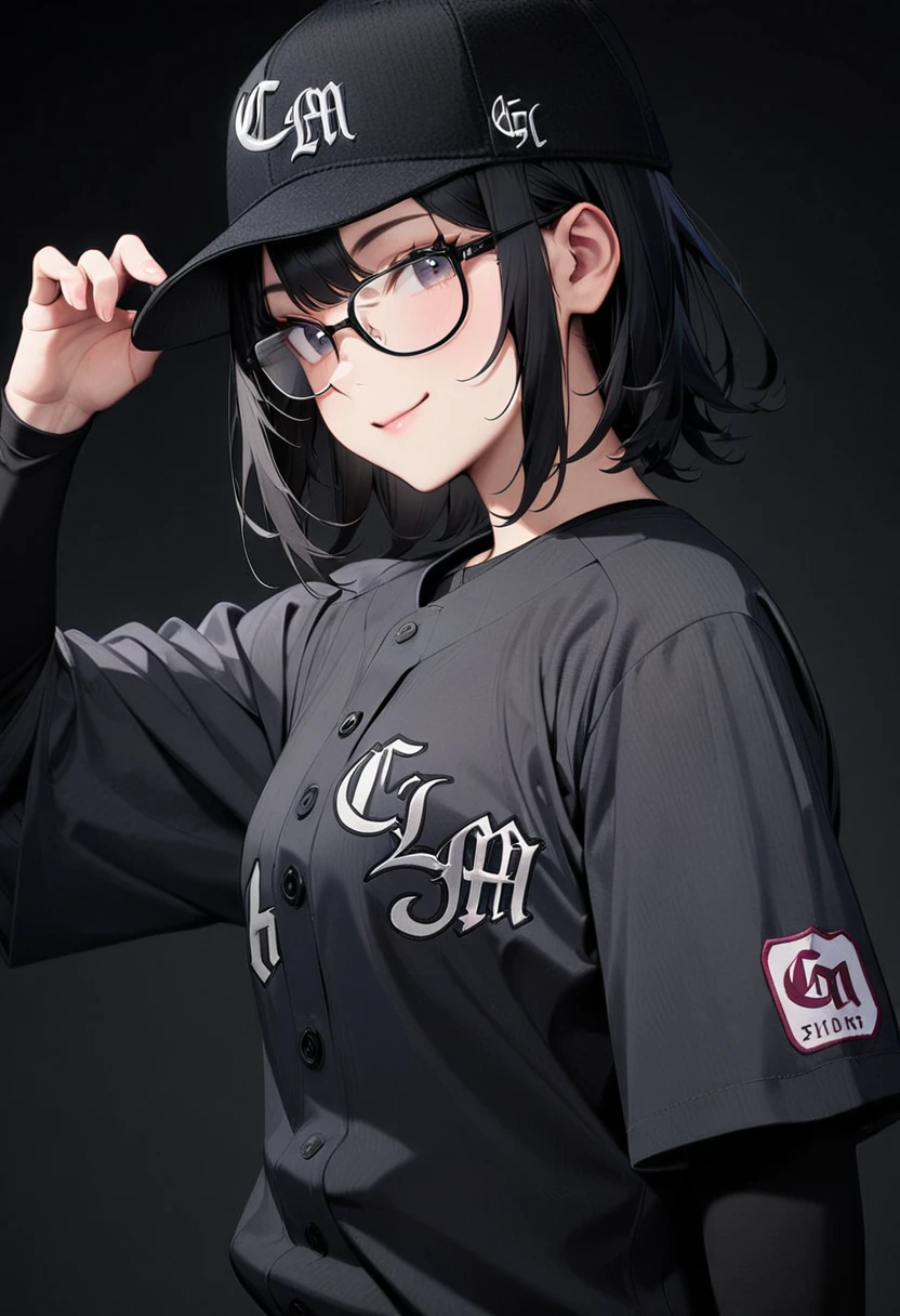 masterpiece, best quality, very aesthetic, absurdres,
1girl, solo,  glasses, black hair, medium hair, smile, looking at viewer, 
clm, baseball uniform,  baseball cap, black hair, upper body, short hair, long sleeves, closed mouth, shirt, black background, black shirt
 <lora:ChibaLotteMarinesNCE20024_SDXL_V1:0.8>