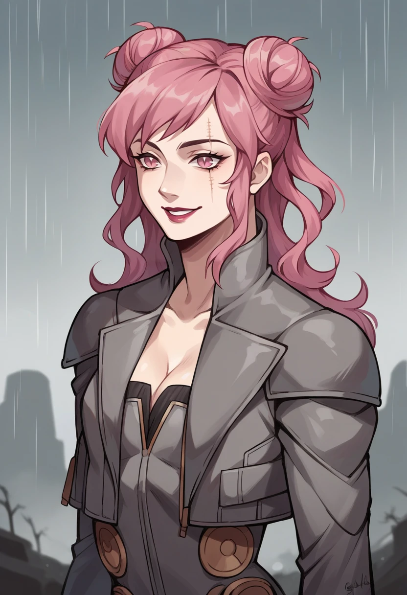 score_9, score_8_up, score_7_up, source_anime BREAK 1girl, solo,  <lora:zs_ArgillaXL:1> argilladds, pink hair, pink eyes, long hair, double bun, scar, cropped jacket, grey dress, open slit, medium breasts, cleavage, makeup, lipstick, destroyed city, post-apocalyptic, grey skies, rain, cowboy shot, pensive smile