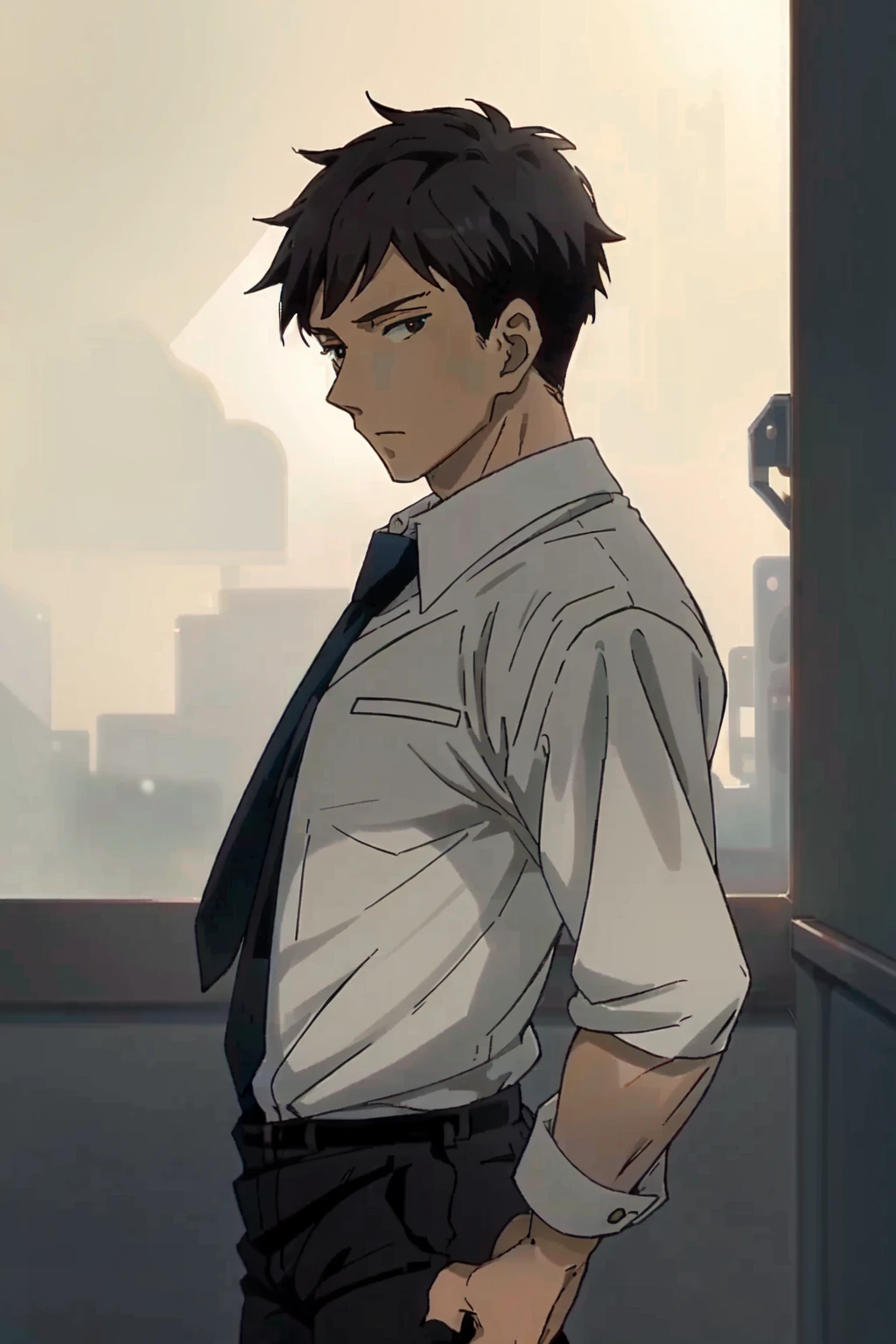 (((masterpiece,best quality,detailed,Anime style))),1boy,solo,(solid_eyes,detailed_eyes,black eyes:1,21),tall,(black hair,suit,collared shirt,necktie,black pants),Back lighting,<lora:Doumeki_v1:0.8>,Doumeki,