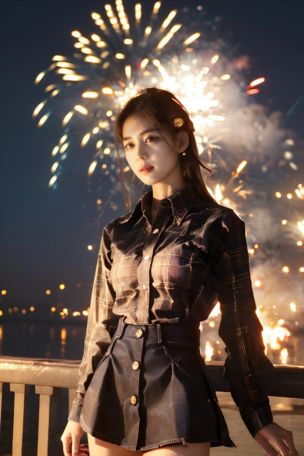 solo,1girl,dress,black hair,realistic,upper body,looking at viewer,elegant girl,(Plaid_button-down_shirt:1.5),(Denim_skirt:1.4),fire,fireworks,night,<lora:disillusion Â· fireworks:1>,