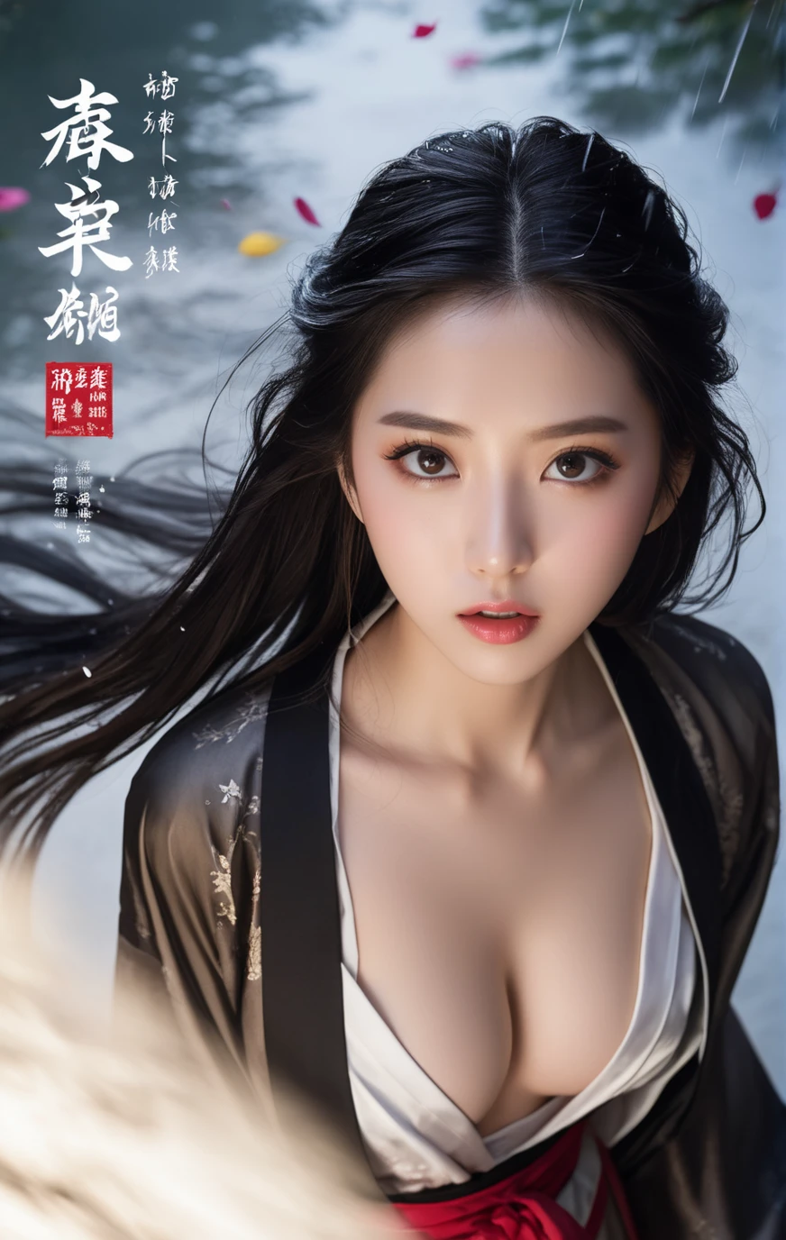 18 y.o beautiful girl and monster,gorgeous hanfu,(surprised look:1.1),(surprised expression:1.1),32k UHD,(eye close-up:1.5),Realistic,(sexy:1.1),(smile:0.5),medium breasts,soft backlight,triangular face,((breeze)), flying splashes, flying petals, wind,(:o:1.3),from_above,
Realistic,Masterpiece,extremely delicate facial depiction,heavy rain,crazy body movements,exaggerated perspective,poster,androgyny,fashion,dramatic lighting,strong tones,distortion style,black forest,ink wash painting,traditional chinese text,cleavage,