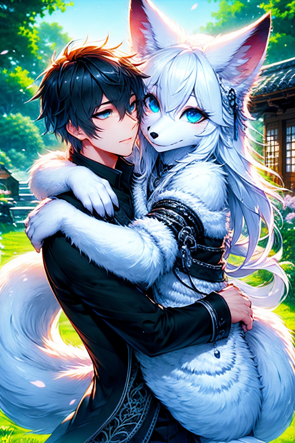 <lora:huzhilian-8>,super high resolution,best quality,Photos,4k,(Realistic:1.2),huzhilian,1boy,hug,fox girl,