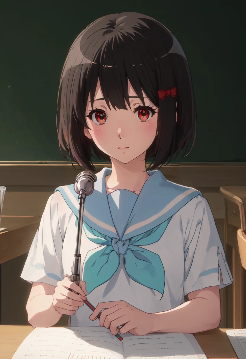 best quality, masterpiece, highres, solo, (hisaishi_kanade_soundeuphonium:1.10), 1girl, blue sailor collar, blush, green neckerchief, kitauji high school uniform, serafuku, white shirt, indoors, closed mouth, looking at viewer, short sleeves, chalkboard, holding instrument, anime_style, 1 <lora:hisaishi_kanade_soundeuphonium:0.80>