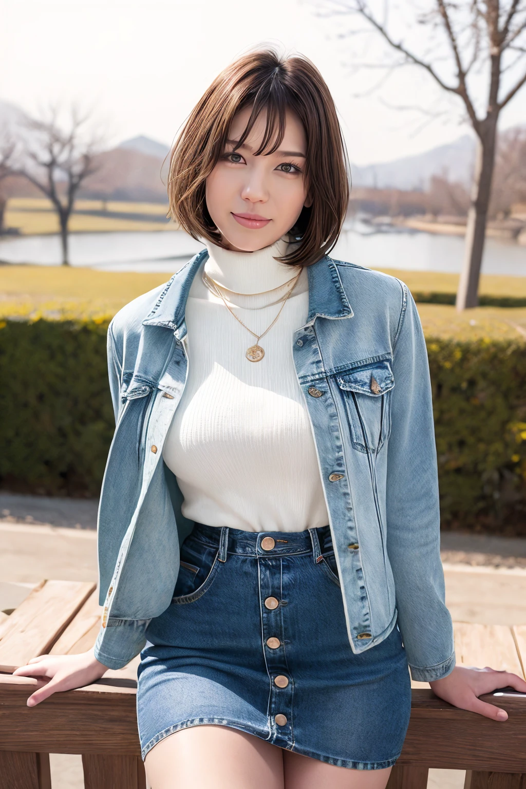 1girl, hondariko_jav, breasts, medium hair, short hair, brown hair, brown eyes, eyeshadow, bangs, makeup, lips, <lora:JAV_honda_riko_v1_epoch_10:0.7>
looking at viewer, shot using canon DSLR, cowboy shot, turtleneck blouse, denim skirt, jacket, necklace, sitting,
detailed body, attractive body, perfect human body, perfect body proportions, realistic face, good hands,
(ultimate quality, masterpiece, highres:1.0), realistic:1.8, photorealistic,  <lora:goodhands_Beta_Gtonero:0>