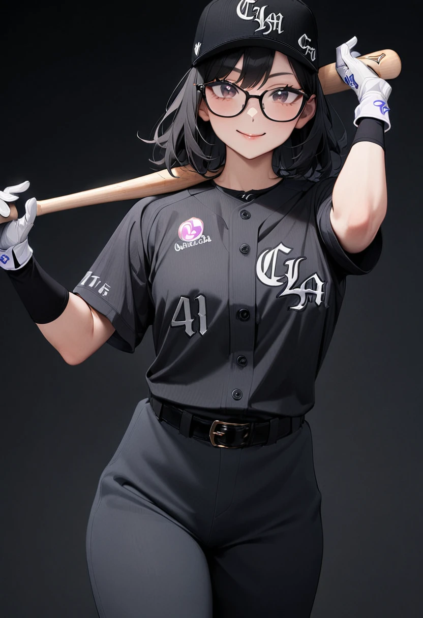 masterpiece, best quality, very aesthetic, absurdres,
1girl, solo,  glasses, black hair, medium hair, smile, looking at viewer, 
clm, baseball uniform, baseball bat, gloves, holding baseball bat, black background, belt, pants, holding, sportswear, baseball cap, baseball uniform, black shirt, shirt, black hair, simple background, cowboy shot, black belt, black pants, white gloves
 <lora:ChibaLotteMarinesNCE20024_SDXL_V1:0.8>