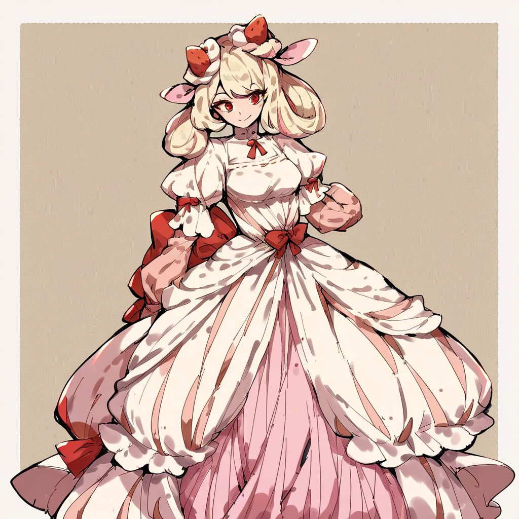 score_9,score_8_up,score_7_up,score_6_up,score_5_up,score_4_up, 1girl, solo, Alcremie, human, hair ornament, strawberry hair ornament, red eyes, smile, blonde hair, dress, vanilla