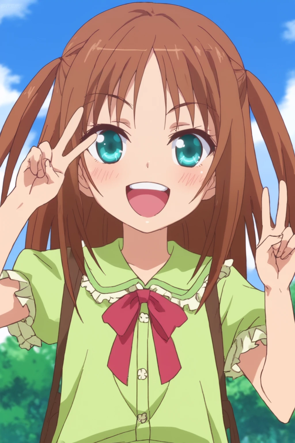 rating_safe, score_8_up, score_7_up, score_6_up, uncensored, anime screencap, flat shadows, flat colors, nukui kurumi, upper body, perspective, happy, v-hand