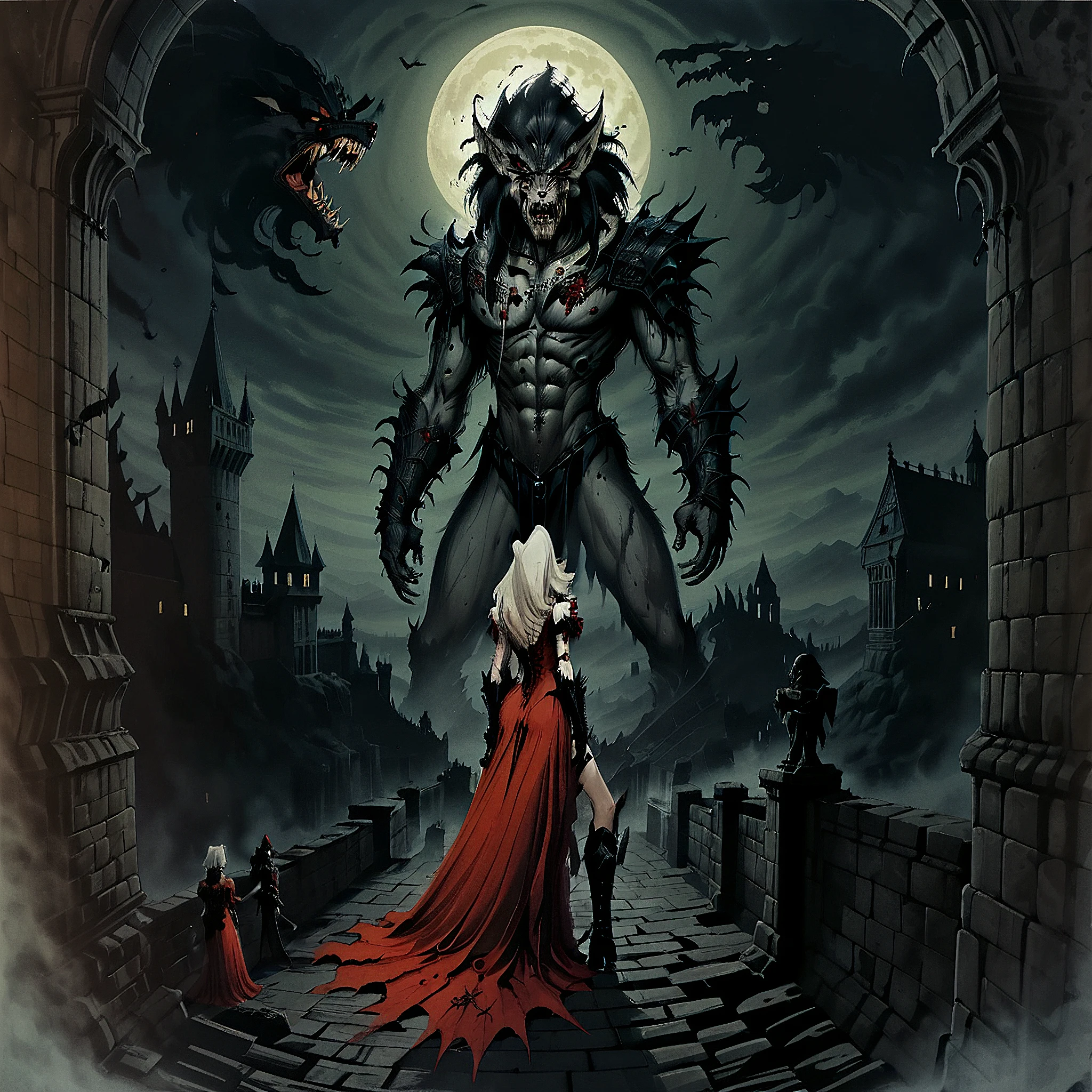 a werewolf standing on a castle wall with a woman, requiemcom, monster, darkness, horror_(theme), vampire, dress,