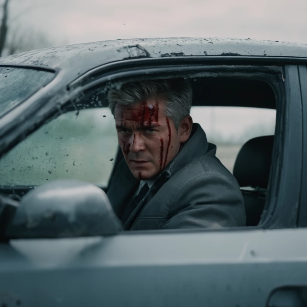 cinematic film still of  <lora:sports car style:1>
 <lora:Unreal Engine style:0.3>
a man with a bloody face driving a car,solo,short hair,1boy,grey hair,male focus,coat,blood,ground vehicle,blood on face,realistic,old,old man,car interior , impact, crash, explosion, destruction, strike, wreck, smash, exploding cars, wrecked cars, cinematic shot, film, different color, real, collision, road rage, sport cars, sports car, car race, dismembering, falling, flying, accident, disaster, cinematic explosion, chaos, disintegration, high speed, vehicle, different sports car, flying debris, Muzzle blast, broken glass, sports car style, shallow depth of field, vignette, highly detailed, high budget, bokeh, cinemascope, moody, epic, gorgeous, film grain, grainy