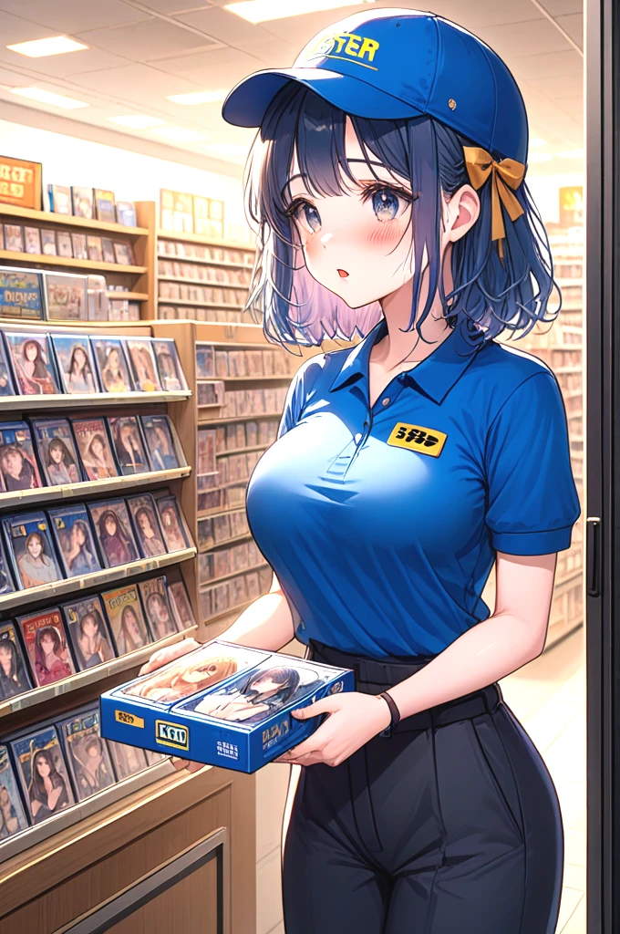 blockbuster, 2girls, score_9, score_8_up, score_7_up, score_6_up, score_5_up,  score_4_up, solo, 1girl in short dress, holding a video rental store portrait cover goods, blue cap, blue polo shirt, pants, look at each other, indoor, counter, storefront, glass door, parted lips, different colors hair, big tits, ribbon, sweat, shy, blush, slim figure, <lora:girllikeblockbuster_pony:0.9>