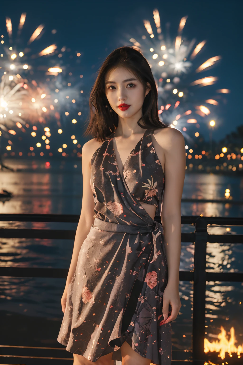 solo,1girl,dress,black hair,realistic,upper body,looking at viewer,elegant girl,(Wrap_top:1.5),(Floral_printed_skirt:1.4),fire,fireworks,night,<lora:disillusion Â· fireworks:1>,