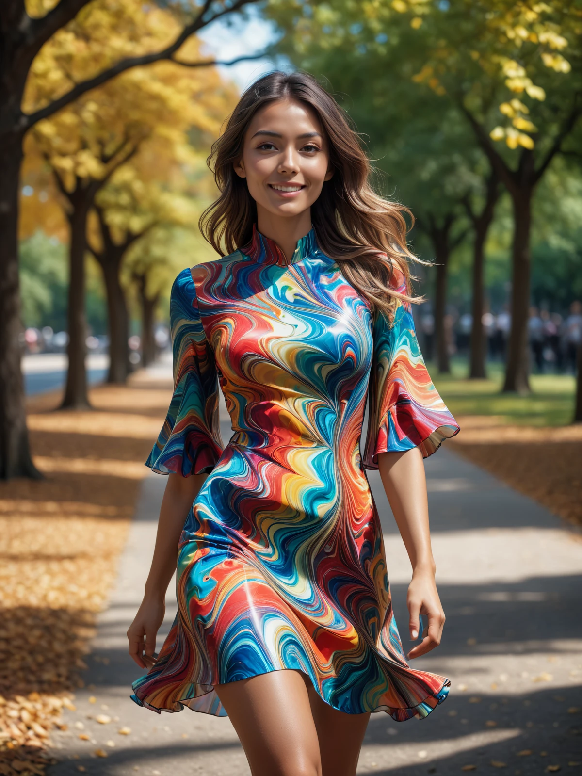 woman wearing a colorful mad-marbled-paper dress walking thorugh park, dynamic_pose, from side, light smile, cinematic shot <lora:Colorful_Marbled_Paper_SDXL_v2:0.6>, masterpiece, best quality, ultra high res, (photorealistic, realistic:1.2), deep shadow, raw photo, film grain, Fujifilm XT3, 8k uhd, dslr