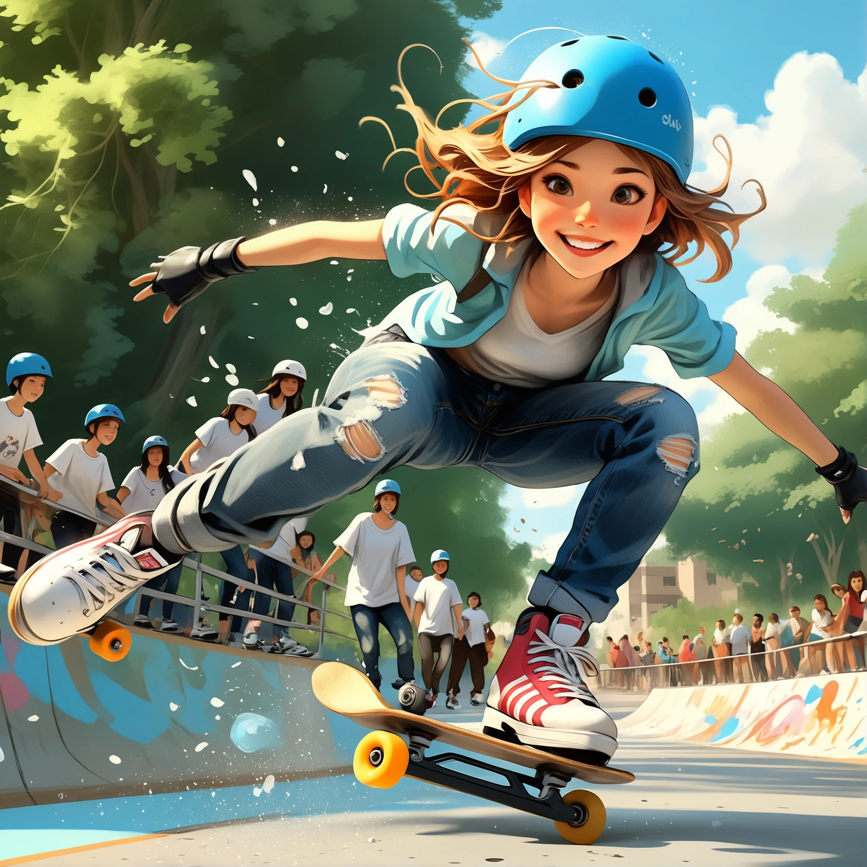 Academia, concept art Academic anime style,  anime style by  studio Ghibli (very fast action scene:1.5)   of a girl  roller skating at a skate park,  with a smile on her face,  wearing a jeans with t-shirt and protective helmet and knee pads,  extremely dynamic scene,  action pose by style Alberto seveso,  extreme angle, more detail XL,   preppy Ivy League style, stark, dramatic, chic boarding school, academia