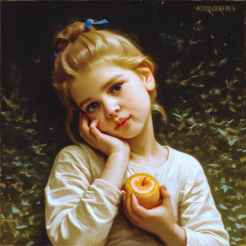 score_9, score_8_up, score_7_up, score_6_up, score_5_up, score_4_up,1girl, solo, realistic, fruit, blonde hair, holding, looking at viewer, food, holding fruit, head tilt, upper body, holding food, fine art parody, traditional media, shirt, lips, hand on own face, apple, white shirt, long sleeves, Bouguereau style \(style\), oil painting,  <lora:Bouguereau_style:0.7>