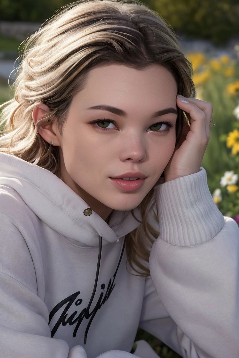 portrait of S381_StefaniaBeatty,a gorgeous woman,in a (garden:1.1),wearing a (sweatshirt:1.1),(4k, RAW photo, best quality, 35mm, depth of field, ultra high res:1.1),(intricate, photorealistic, cinematic-shot, masterpiece, ultra-detailed:1.1),