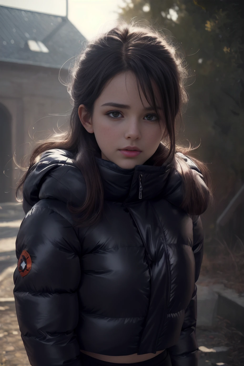 Stunning portrait of an sweet, cute, slim, long haired, young European woman. it is a hot summer day. she wear an shiny, completely enclosureable, (cropped puffer down jacket,by parkasite:1.3), ((very high yoked)). high detail, realistic, realistic character design, inspiring, intense emotion,  masterpiece, 8k, RAW photo, portrait, best quality, ultra high res, photorealistic, cinematic lightning, digital painting, storytelling, high resolution, depth of field, lens flare,   <lora:Parkasite_v2-000010:0.6>  <lora:hairdetailer:0.3>