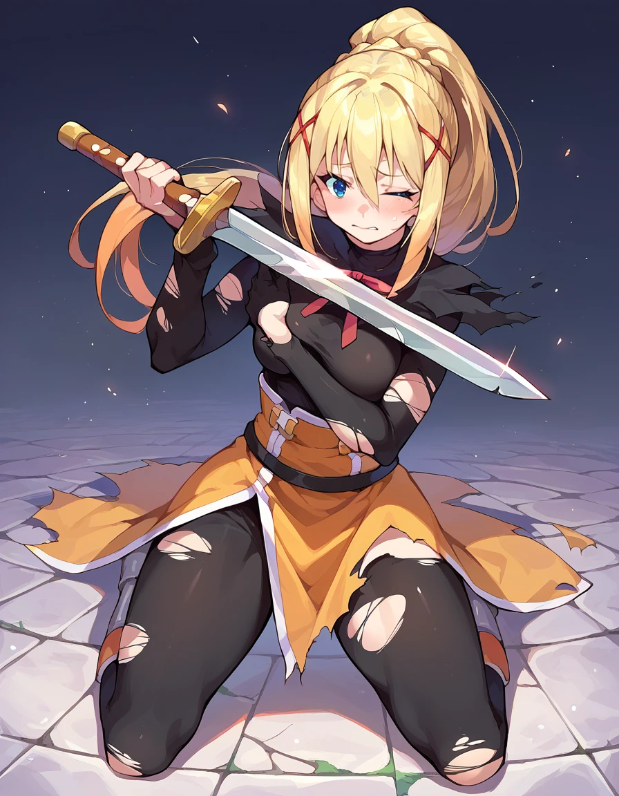 score_9, score_8_up, score_7_up, score_6_up, source anime, BREAK
<lora:konosuba_darkness:0.8> lalatinapnxl, darkness \(konosuba\), 1girl, ponytail, solo, full body,
torn clothes, blush, one eye closed, kneeling, holding sword, black bodysuit, hair between eyes, closed mouth
