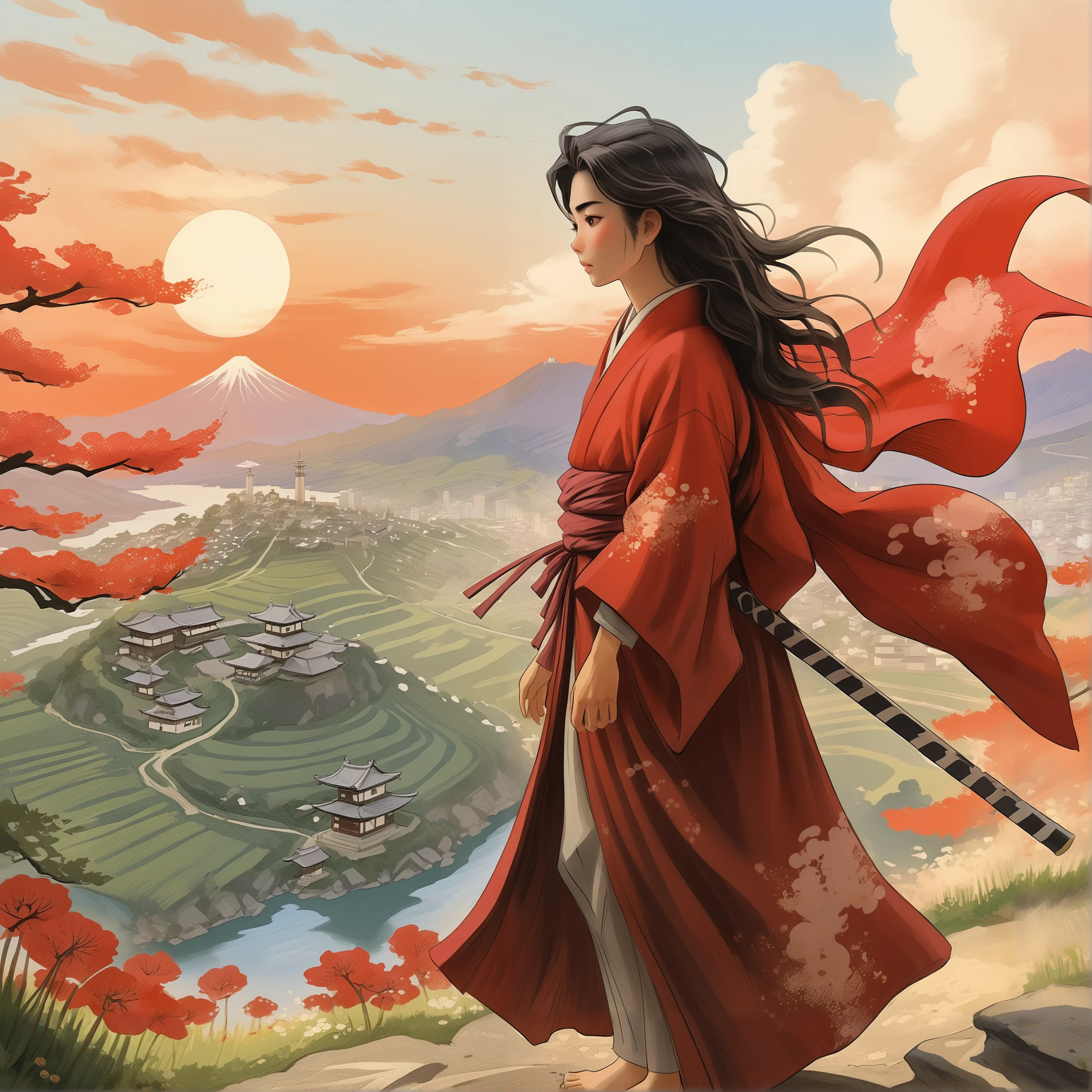 graffiti comic, full body, perfectly drawn a young Japanese samurai with long dark hair shimmering in the light stands gracefully on a hilltop admiring the rising sun, dressed in a red kimono fluttering in the wind, a picturesque landscape in the background, setting of feudal Japan, in the style of Moebius, Felice Casorati, Tsuguharu Foujita, by studio ghibli, side view, dynamic scene