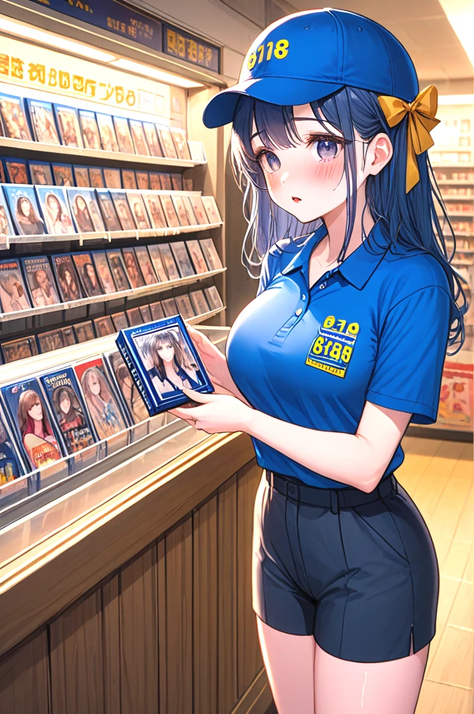 blockbuster, 2girls, score_9, score_8_up, score_7_up, score_6_up, score_5_up,  score_4_up, solo, 1girl in short dress, holding a video rental store portrait cover goods, blue cap, blue polo shirt, pants, look at each other, indoor, counter, storefront, glass door, parted lips, different colors hair, big tits, ribbon, sweat, shy, blush, slim figure, <lora:girllikeblockbuster_pony:0.9>