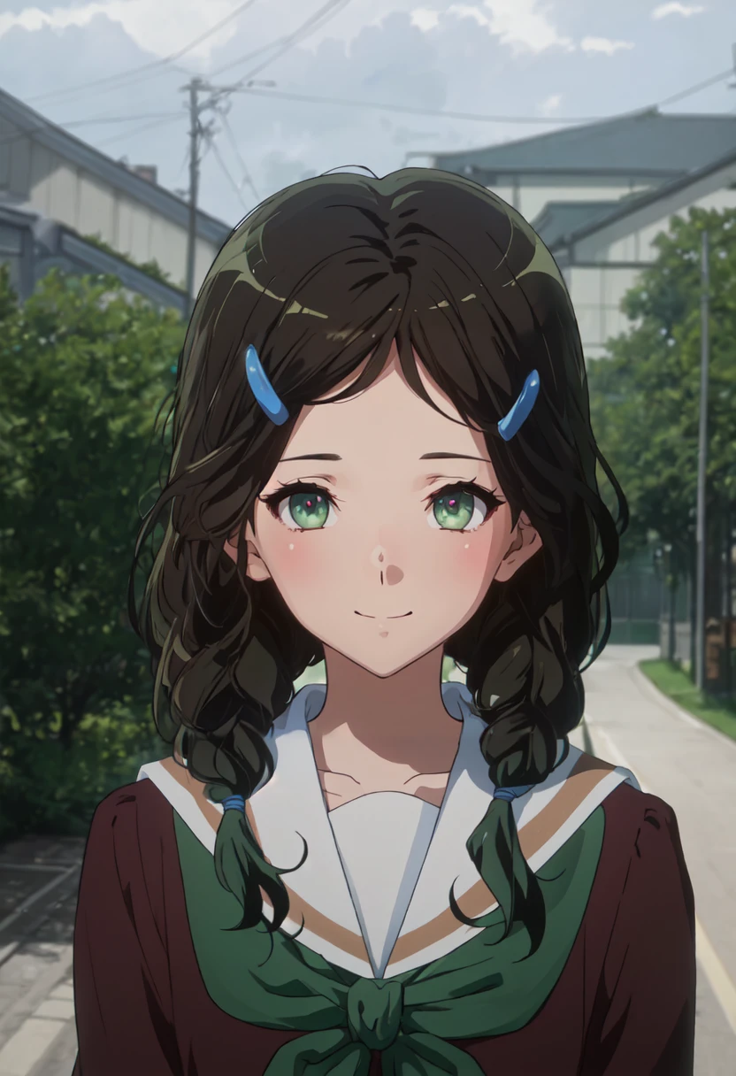 best quality, masterpiece, highres, solo, (saitou_aoi_soundeuphonium:1.10), serafuku, 1girl, kitauji high school uniform, green neckerchief, looking at viewer, upper body, blush, white sailor collar, closed mouth, brown shirt, smile, anime_style, 2 <lora:saitou_aoi_soundeuphonium:0.80>