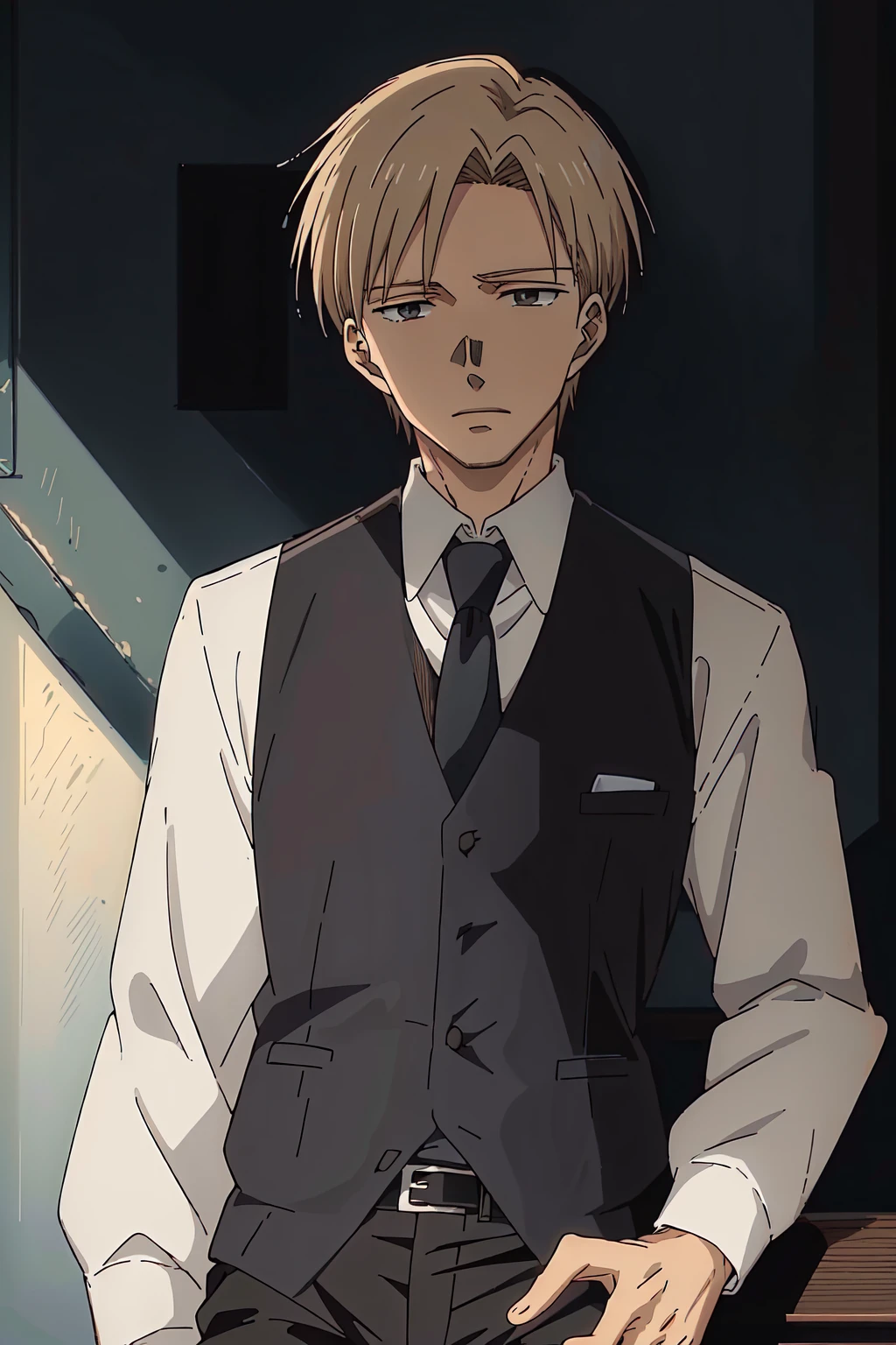 (((masterpiece,best quality,detailed,Anime style))),1boy,solo,Yashiro,(solid_eyes,detailed_eyes,black eyes:1,21),(blonde hair,suit vest,necktie,black pants),<lora:Yashiro_v1:0.8>,front lighting,