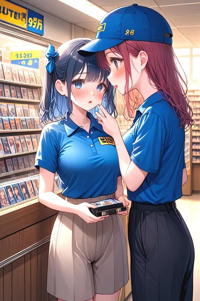 blockbuster, 2girls, score_9, score_8_up, score_7_up, score_6_up, score_5_up,  score_4_up, solo, 1girl in short dress, holding a video rental store portrait cover goods, blue cap, blue polo shirt, pants, look at each other, indoor, counter, storefront, glass door, parted lips, different colors hair, big tits, ribbon, sweat, shy, blush, slim figure, <lora:girllikeblockbuster_pony:0.9>