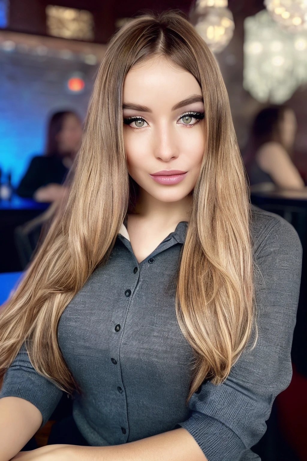 <lora:Malinkaa_Asmr_Lora:0.85>, photo of malinkaa, sitting, on chair, happy, drinking a cocktail in a bar, shirt, suit, fancy clothes, formal clothes, intricate realistic photo, makeup, detailed eyes, (epicPhoto), (looking at 
viewer), (cinematic shot:1.3), epiCRealism, epiCPhoto