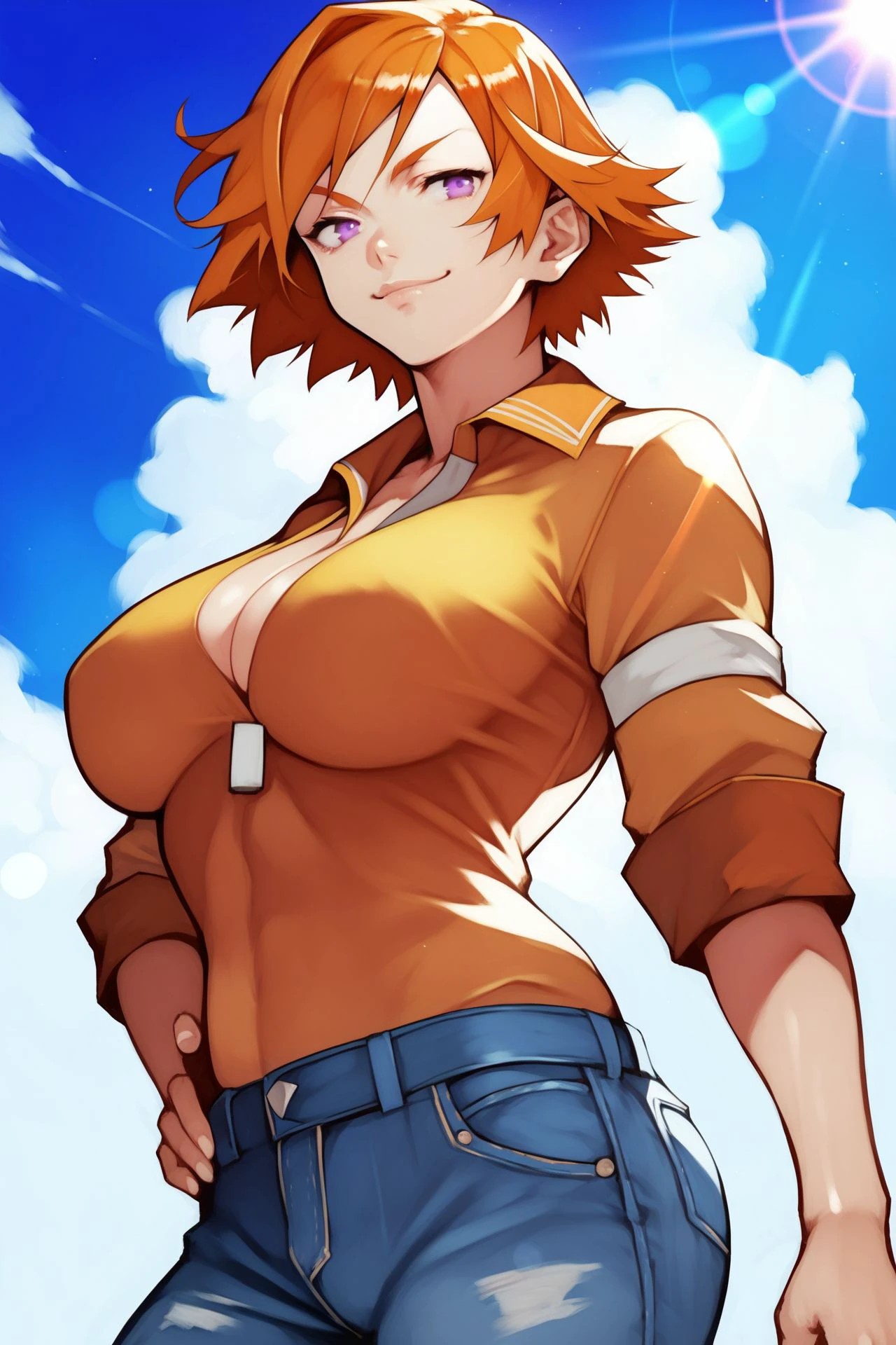 score_9, score_8_up, score_7_up, 1girl, smug, looking at viewer, orange hair, side-swept_fringe, purple eyes, large breasts, hand on own hip, lens flare <lora:yoshio_(55level)_PonyXL_style_v01:1>