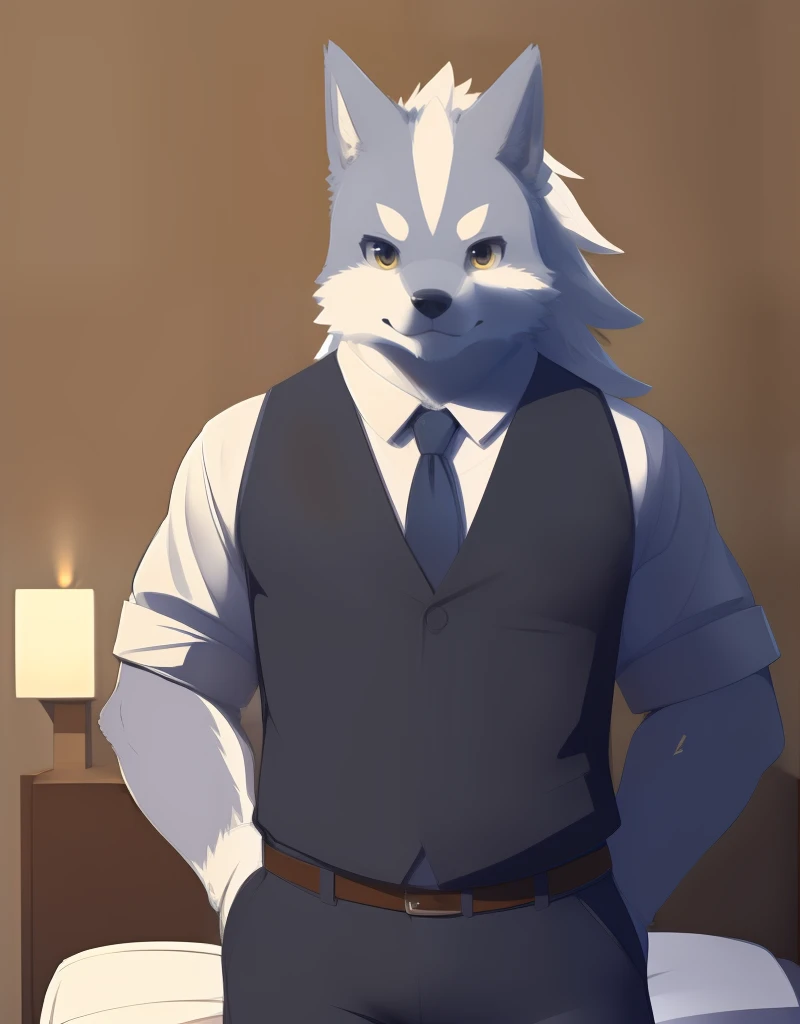 (((detailed eyes, detailed face))), (furry, sousuke <lora:character_sousuke_findigo_v2:1>, two-tone fur, grey fur, long hair, dog boy, snout, black eyes), male, (solo), (plump), (black vest, grey pants), standing, (arms behind back), smile, (front view) BREAK (konzaburou, ukan_muri, cute), bedroom, (flat shading, flat color, high brightness), 8k, UHD, masterpiece, (full body)