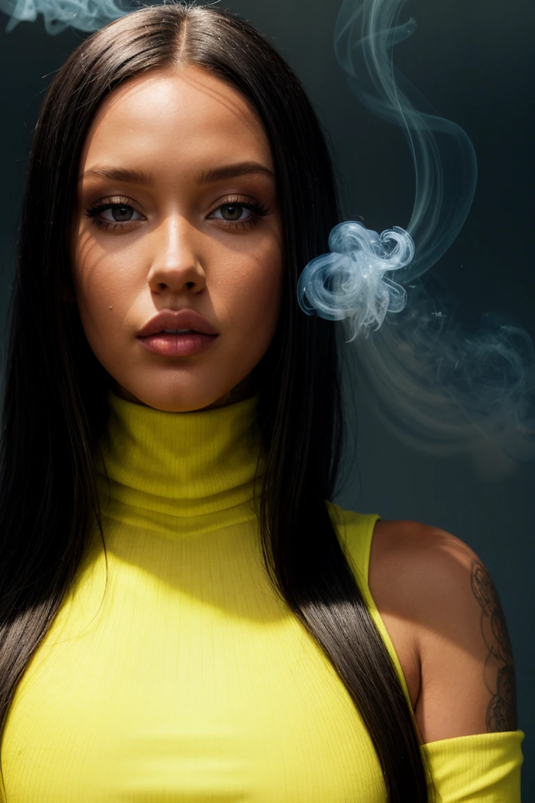 (Close-up Headshot:1.4) DV_S3_Jeanelle_Vicious BREAK (Yellow Room:1.4) BREAK (Blue Spandex Turtleneck and leggings:1.3) <lora:exposure_control_v10:-0.1> <lora:more_details:0.3> (volumetric smoke and lens flares and backlight:1.4)(facial close-up shot:1.1) (eyeliner, lipstick)