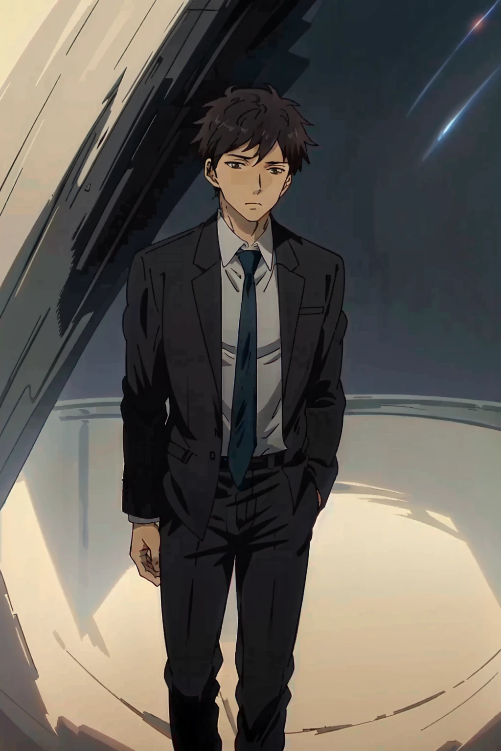 (((masterpiece,best quality,detailed,Anime style))),1boy,solo,(solid_eyes,detailed_eyes,black eyes:1,21),tall,(black hair,suit,collared shirt,necktie,black pants),outer space view,<lora:Doumeki_v1:0.8>,Doumeki,