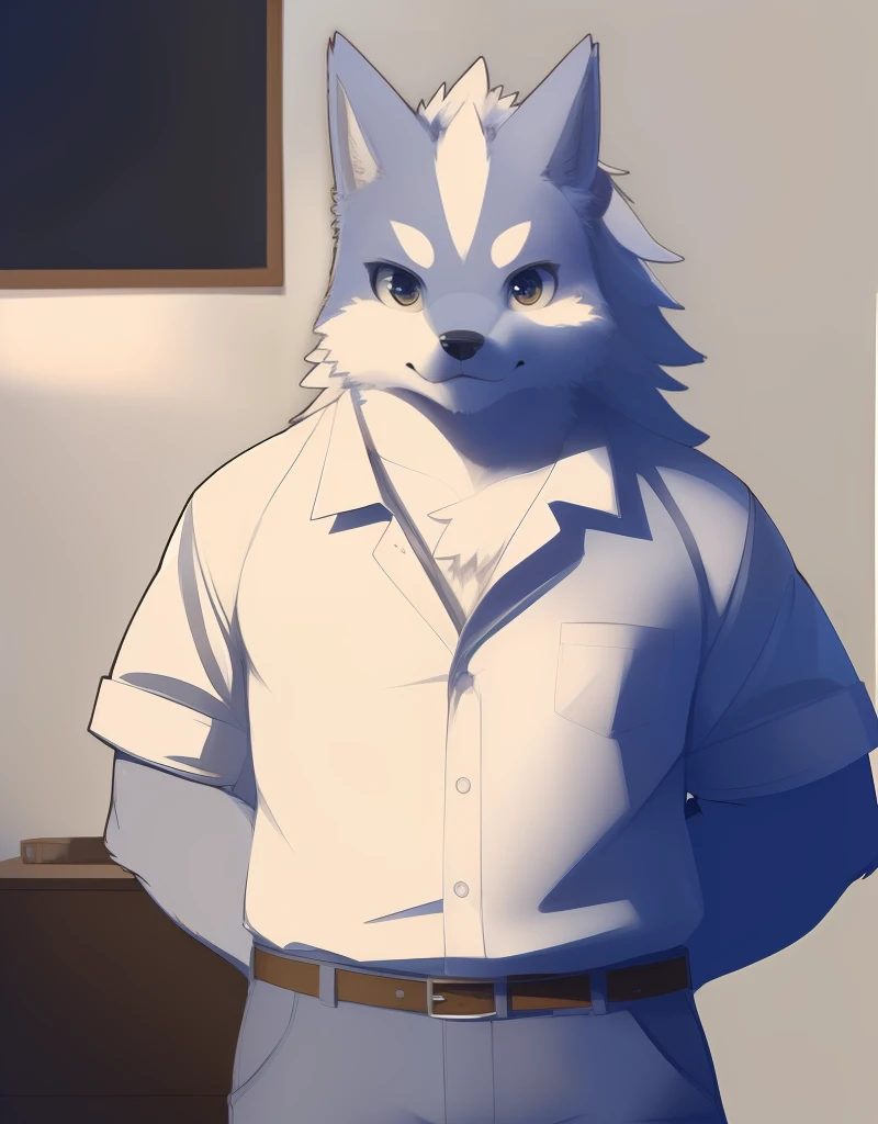 (((detailed eyes, detailed face))), (furry, sousuke <lora:character_sousuke_findigo_v2:1>, two-tone fur, grey fur, long hair, dog boy, snout, black eyes), male, (solo), (plump), (white shirt, grey pants), standing, (arms behind back), smile, (front view) BREAK (konzaburou, ukan_muri, cute), bedroom, (flat shading, flat color, high brightness), 8k, UHD, masterpiece, (full body)