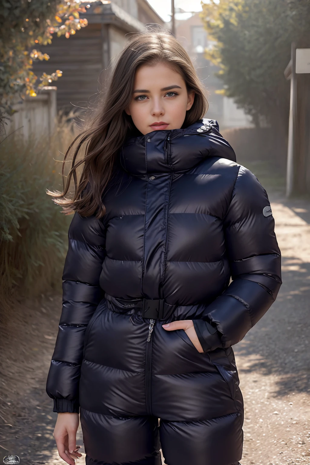 Stunning portrait of an sweet, cute, slim, long haired, young European woman. she is outside, it is a hot summer day. she wear an shiny, colorful, completely enclosureable, (cropped puffer down jacket,by parkasite:1.3), ((very high yoked)). tempting, high detail, realistic, realistic character design, inspiring, intense emotion,  masterpiece, 8k, RAW photo, portrait, best quality, ultra high res, photorealistic, cinematic lightning, digital painting, storytelling, high resolution, depth of field, lens flare,   <lora:Parkasite_v2-000010:0.6>  <lora:hairdetailer:0.3>