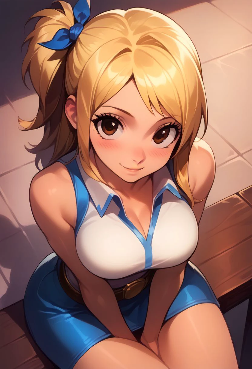 score_9, score_8_up, score_7_up,   (curvy), cute, eyelashes, 
leaning forward, blush, head tilt, aaLucy, brown eyes, hair ribbon, side ponytail, blonde hair, long hair, large breasts, white shirt, sleeveless, belt, blue skirt, sitting, from above, blush, smile, solo, looking at viewer, cowboy shot, smile, blush, 
 pretty girl, vivid bright colors, highly sexual poses,  pinup art,
tiefling,